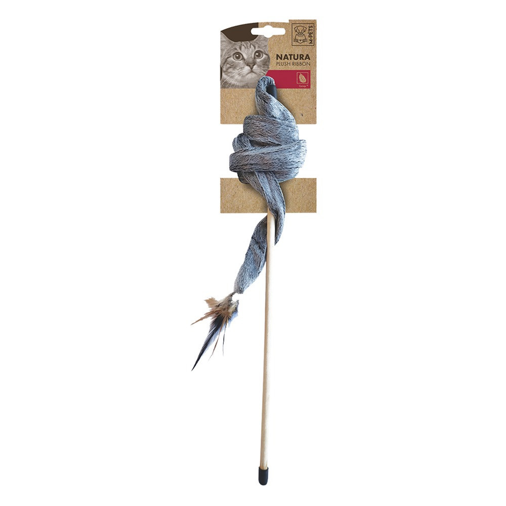 M-Pets Natura Plush Ribbon Cat Wand Lightweight, Grey