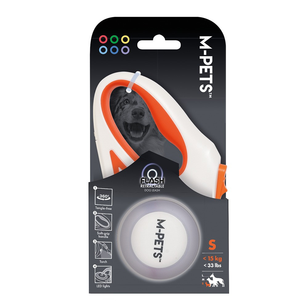 M-Pets Flash Retractable Leash For Dog, White And Orange, Small (16 x 9 x 4.5 cm – 3m)