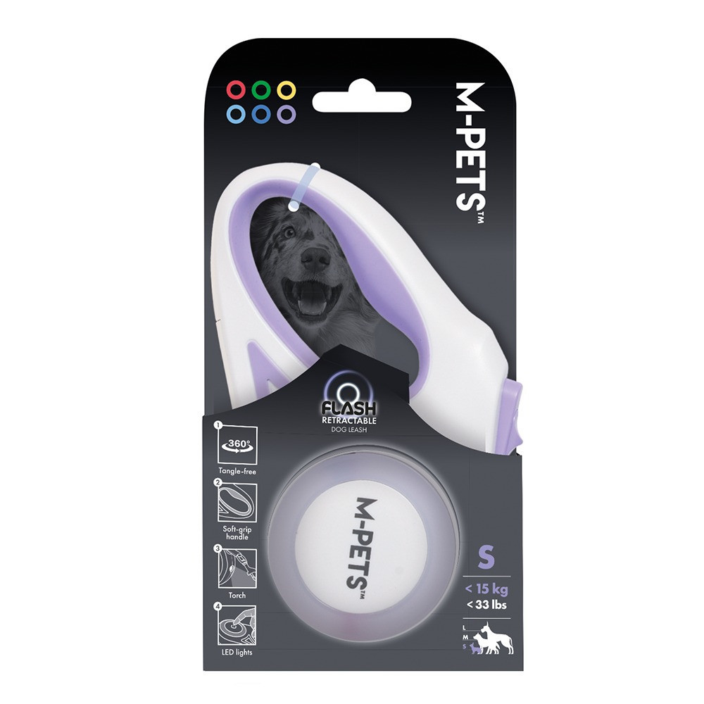 M-Pets Flash Retractable Leash For Dog, White And Purple, Small (16 x 9 x 4.5 cm – 3m)