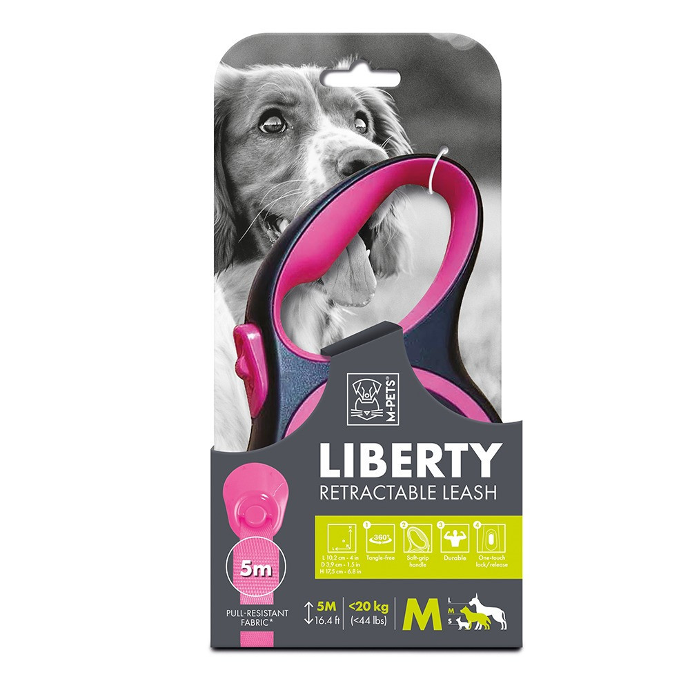 M-Pets Liberty Dog Retractable Leash For Dog, Pink, Medium (17.5 x 10.2 x 3.9 cm)