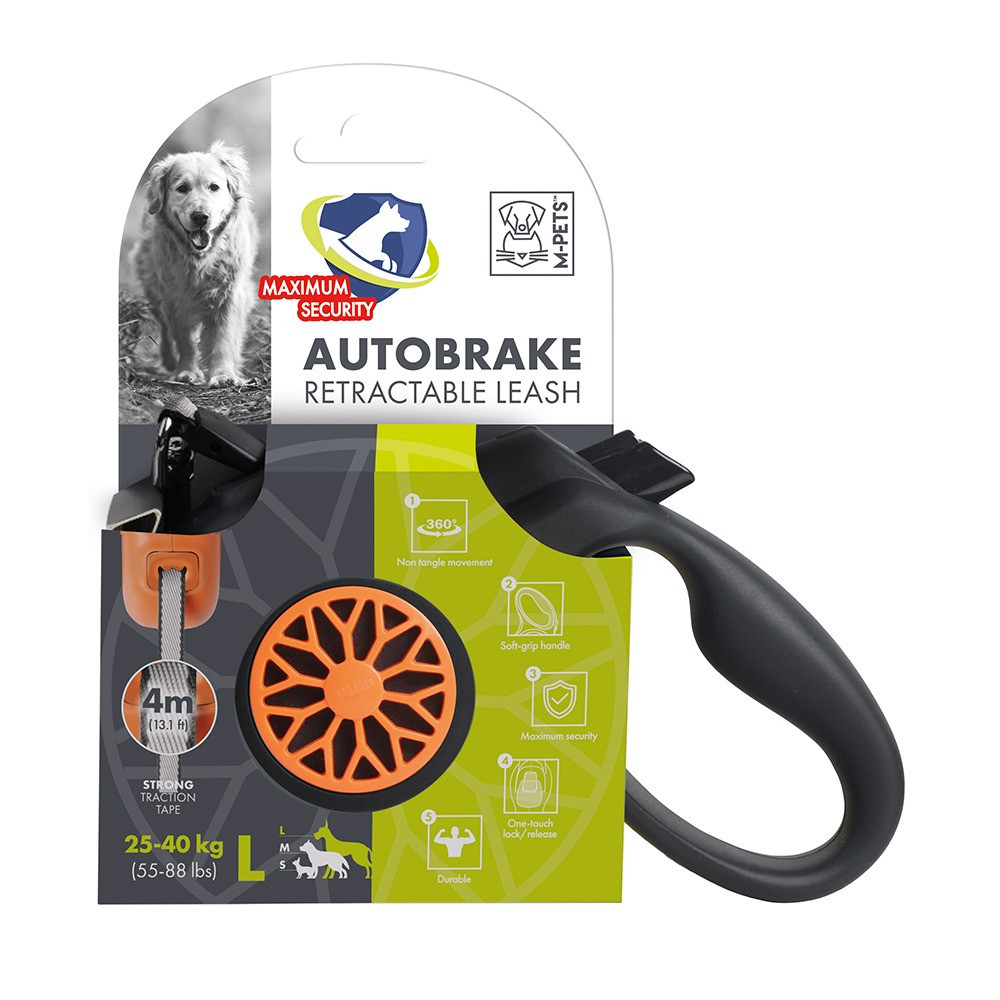 M-Pets Autobrake Retractable Leash For Dog, Large, Black/Orange