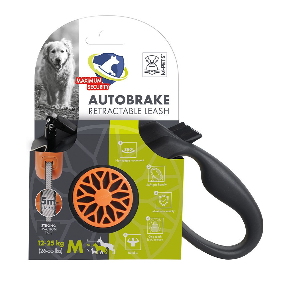 M-Pets Autobrake Retractable Leash For Dog, Medium, Black/Orange
