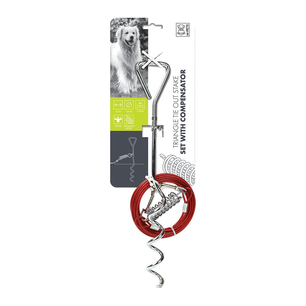 M-Pets Triangle Tie Out Stake Set with Compensator For Dog, Red, 4.5m