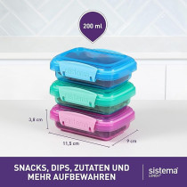 Sistema Lunch Food Storage Containers With Contrasting Clips 200ml, Pack Of 3