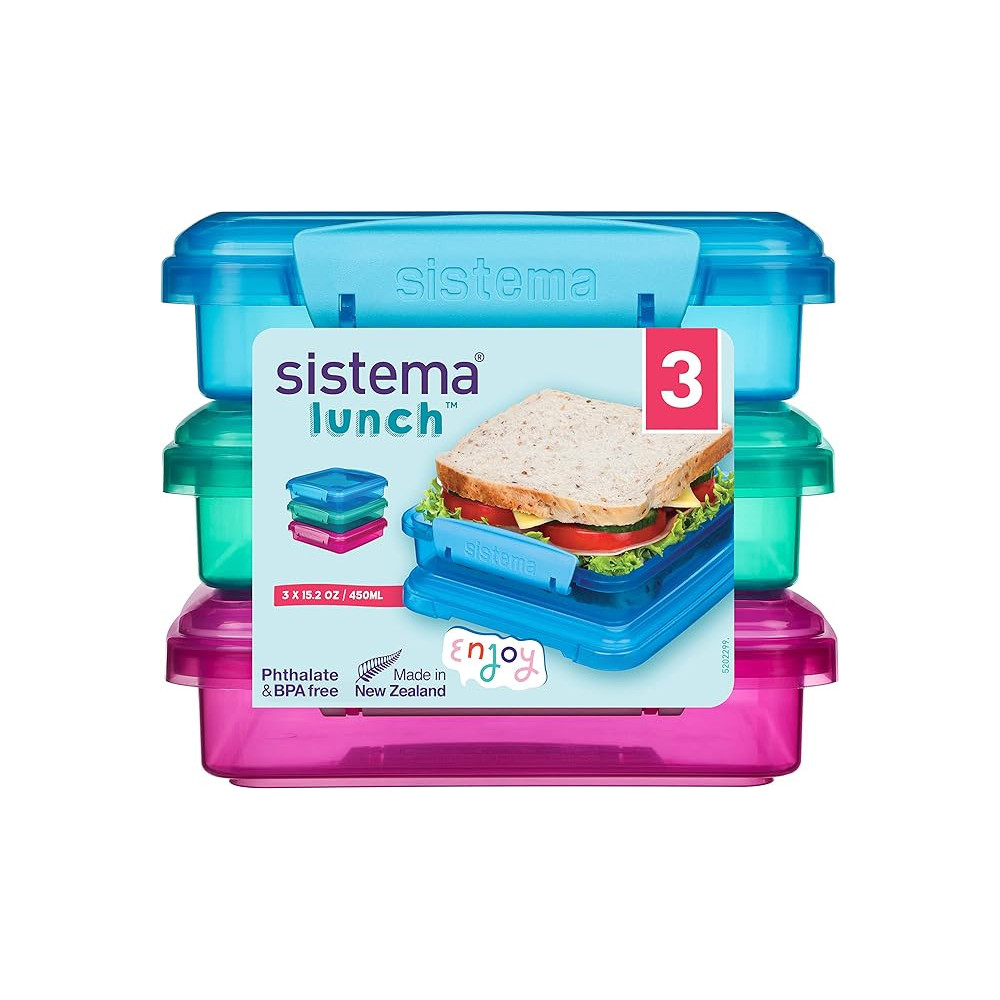 Sistema Lunch Sandwich Box With Contrasting Clips 450ml, Pack Of 3