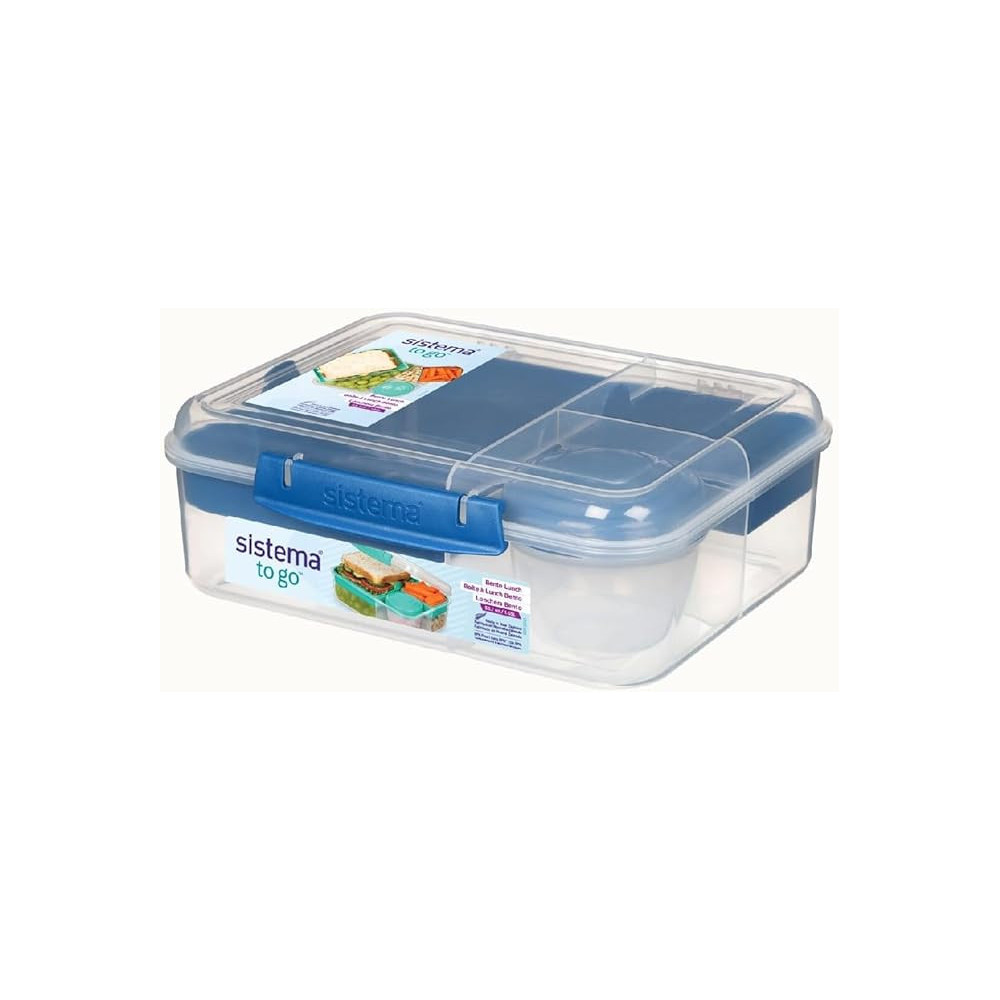 Sistema Portable And Stackable Bento Lunch To Go With Locking Clip And Compartments 1.65 l, Clear/Blue