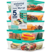 Sistema 1.9L Nest It Meal Airtight Food Storage With Compartments And Lid, Pack Of 5, Clear/Green