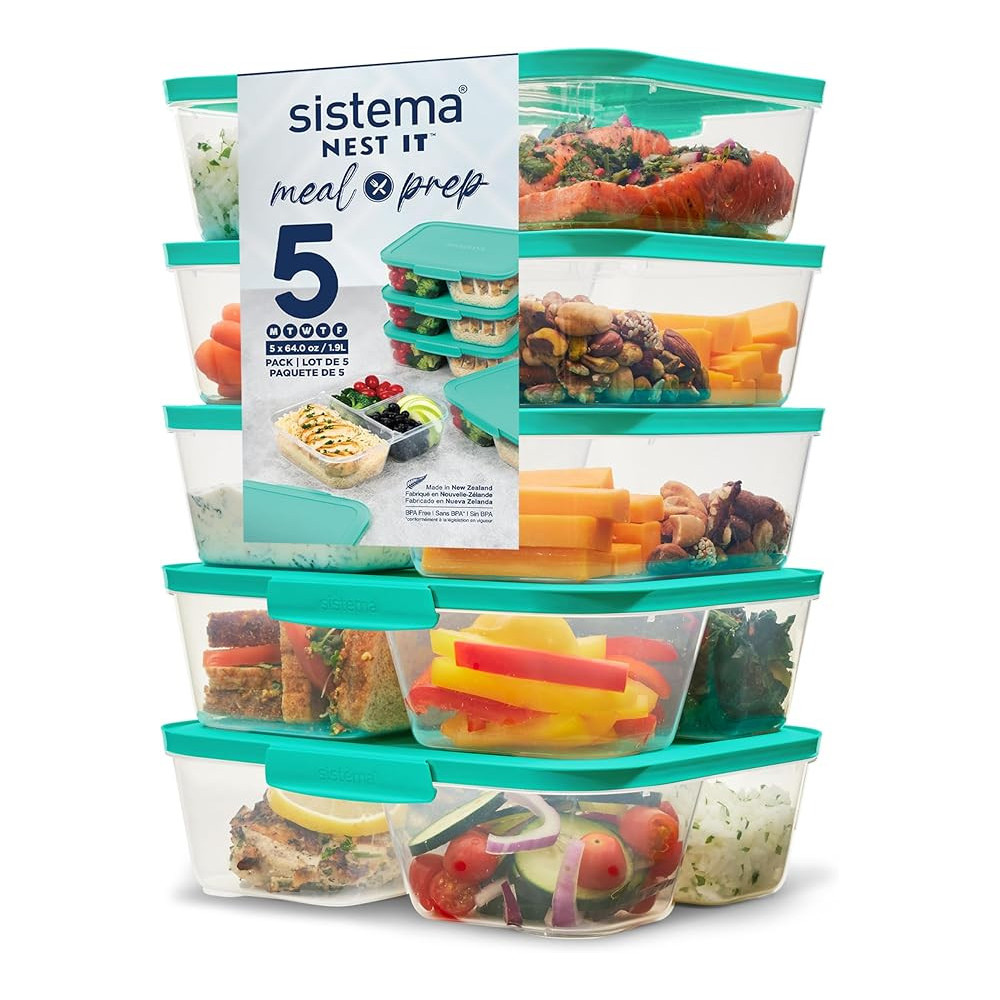 Sistema 1.9L Nest It Meal Airtight Food Storage With Compartments And Lid, Pack Of 5, Clear/Green