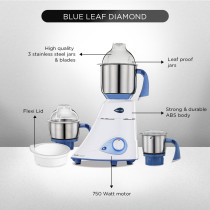 Preethi Blue Leaf Diamond 750 Watt Mixer Grinder with 3 Jars, Blue And White