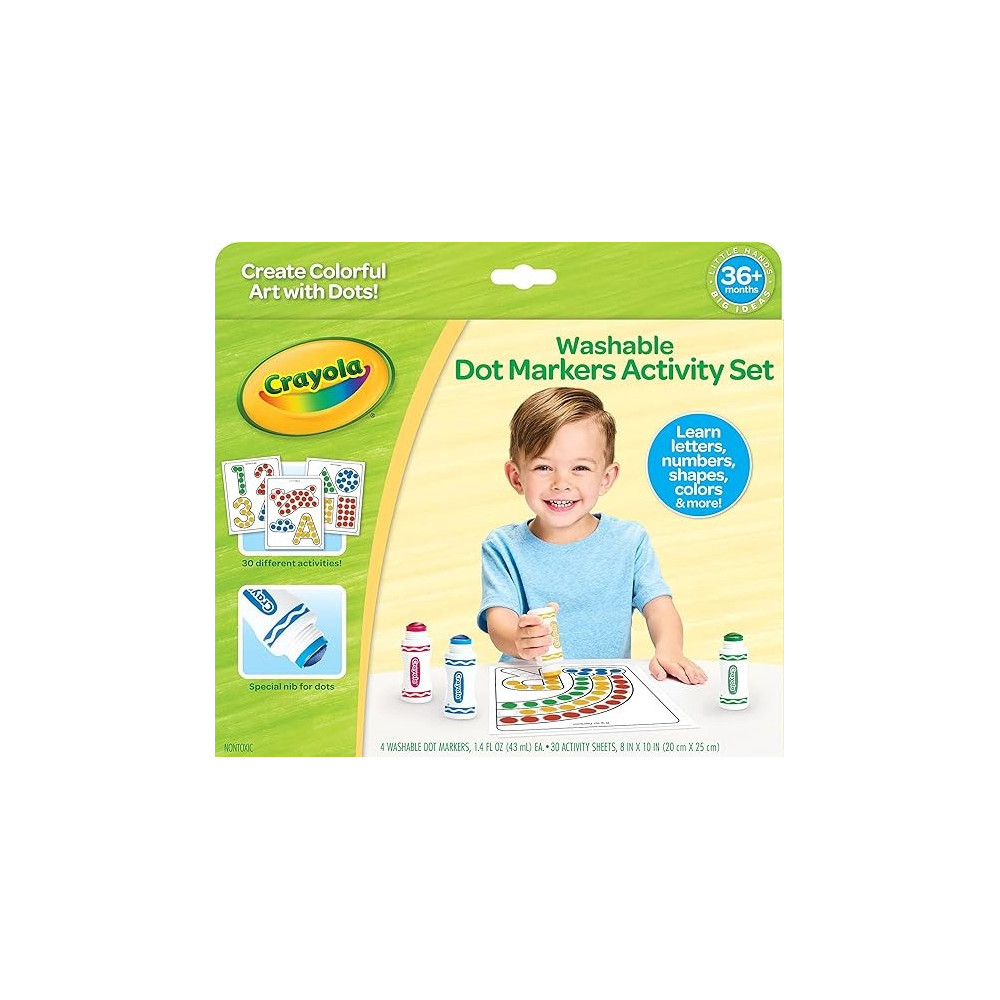 Crayola Washable Dot Markers Activity Set, 30 Toddler Coloring Pages & 4 Washable Markers, Dot Paints for Toddlers, Toddler Gifts, Ages 3+