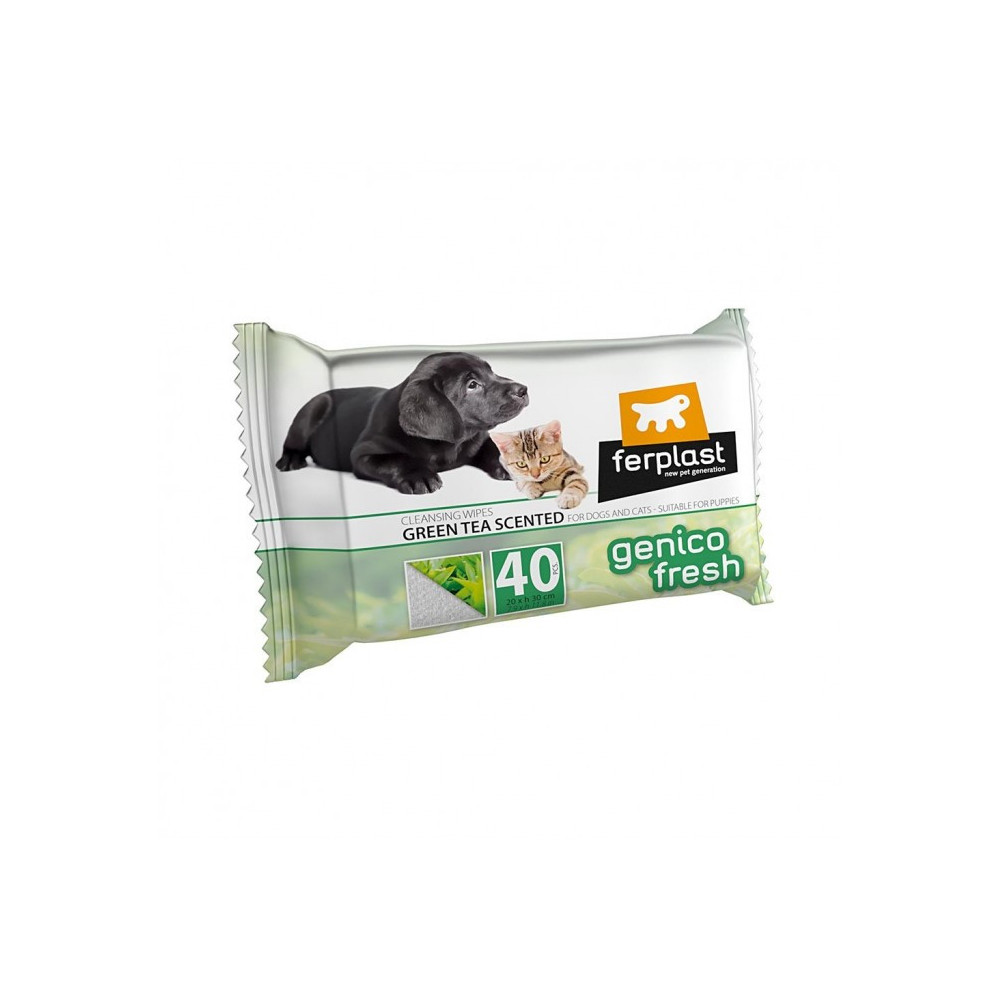 Ferplast Genico Fresh Green Tea Scented Wet Cleaning Wipes For Cats And Dogs, 40 Pcs