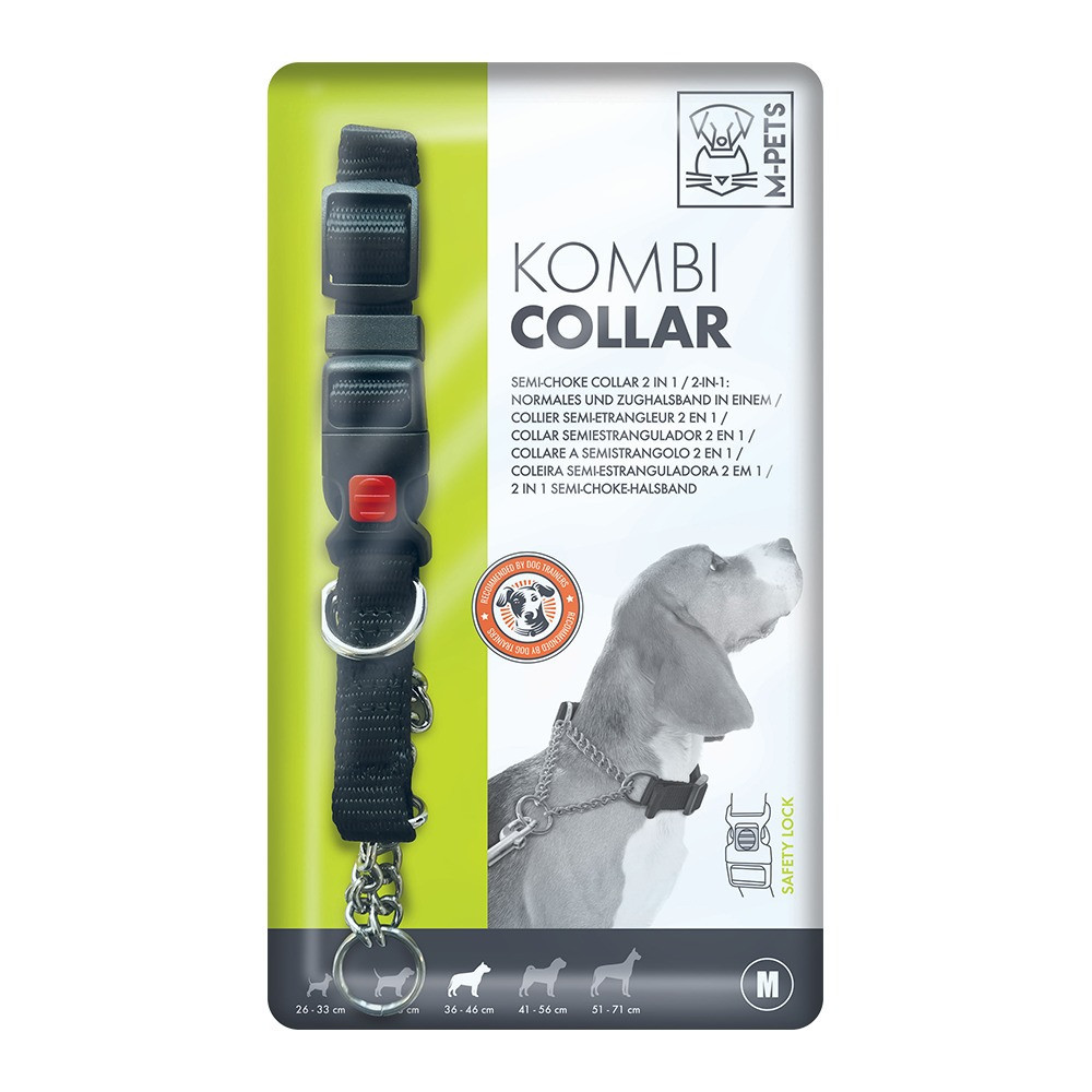 M Pets Semi Choke Kombi Collar 2 In 1 Dog Collar With Safety Lock, Medium, Black