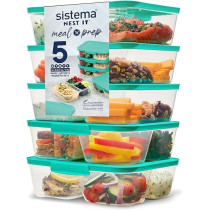 Sistema Nest It Meal Prep Food Storage Container Pack Of 5 With 1.9L Capacity , Green/Clear