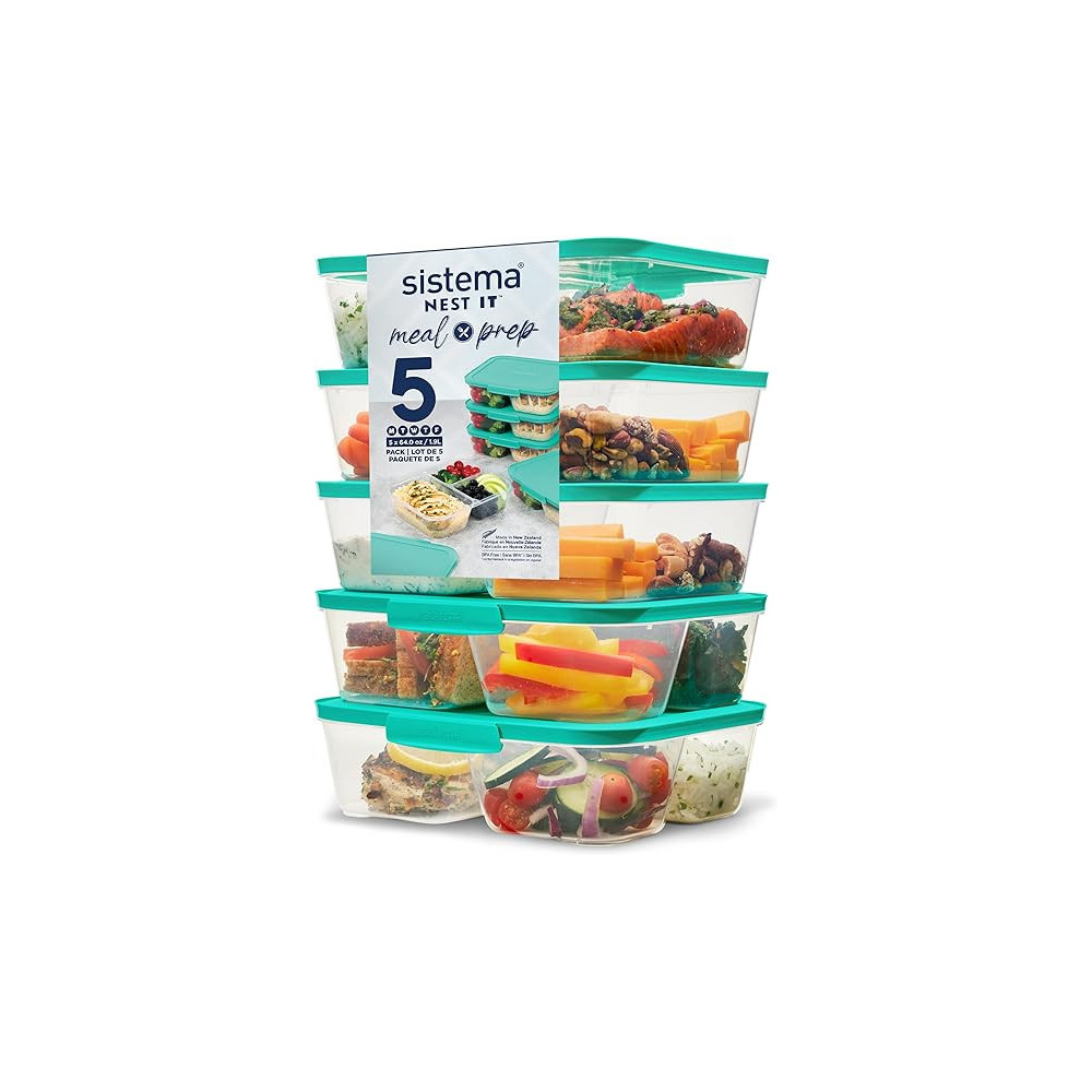 Sistema Nest It Meal Prep Food Storage Container Pack Of 5 With 1.9L Capacity , Green/Clear
