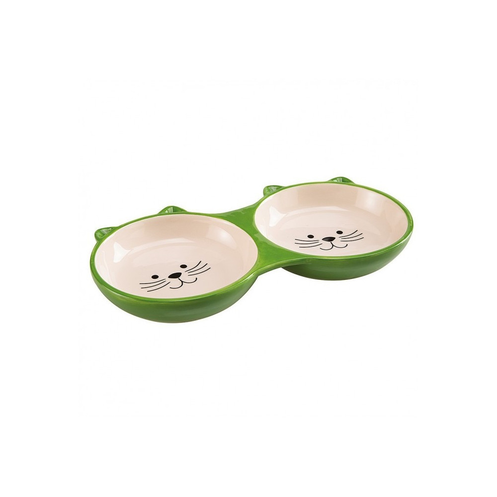 Ferplast Star Double Ceramic Bowl For Cats, Green/White, 230 ml
