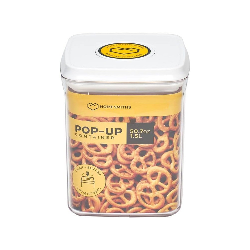 Homesmiths Airtight Square Food Popup Container Durable Lid 1.5ml Capacity, Clear/White