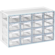 Litem Up System Chest Of 16 Drawers With Adjustable Dividers Useful For Schools, Homes And Office, Clear/White