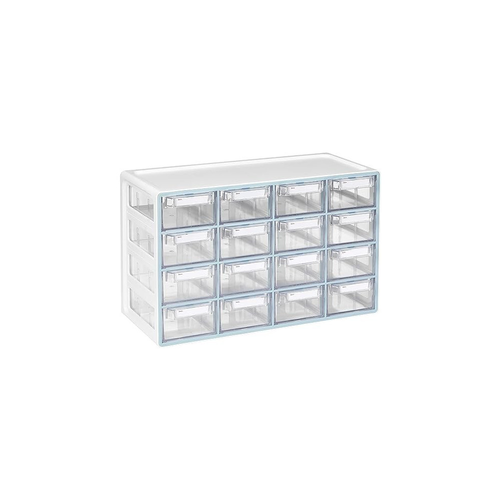 Litem Up System Chest Of 16 Drawers With Adjustable Dividers Useful For Schools, Homes And Office, Clear/White