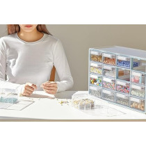 Litem Up System Chest Of 16 Drawers With Adjustable Dividers Useful For Schools, Homes And Office, Clear/White