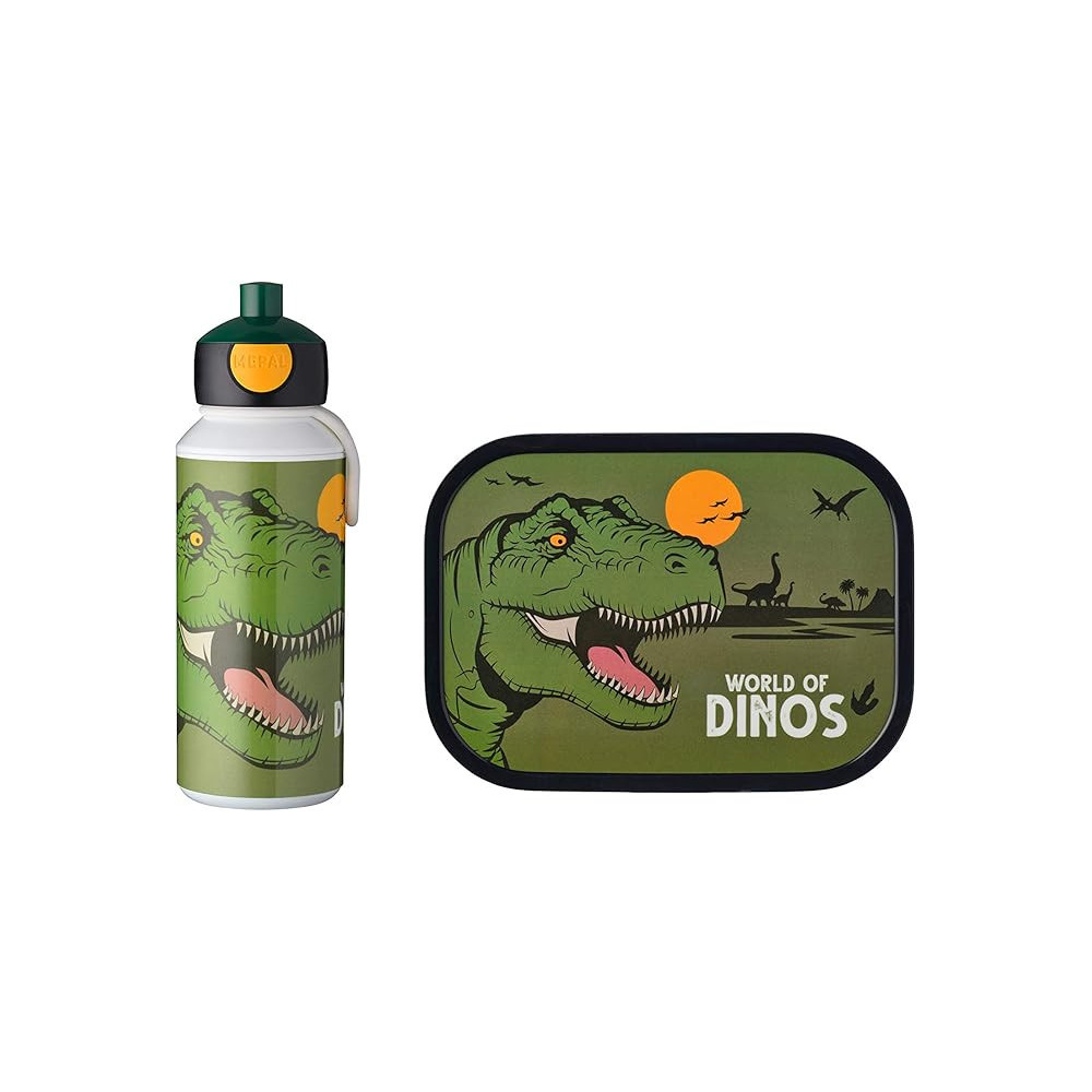 Mepal Dino Design Lunch Set With Pop Up Water Bottle And Leakproof Lunchbox, Multicolour