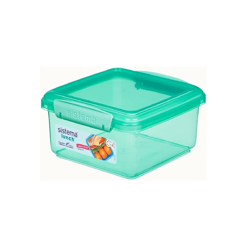 Sistema Klip It Airtight Square Stackable Lunch Box, Microwave And Dishwasher Safe, 1.2L Storage Capacity, Green