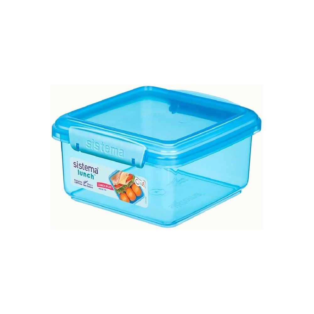 Sistema Klip It Airtight Square Stackable Lunch Box, Microwave And Dishwasher Safe, 1.2L Storage Capacity, Blue