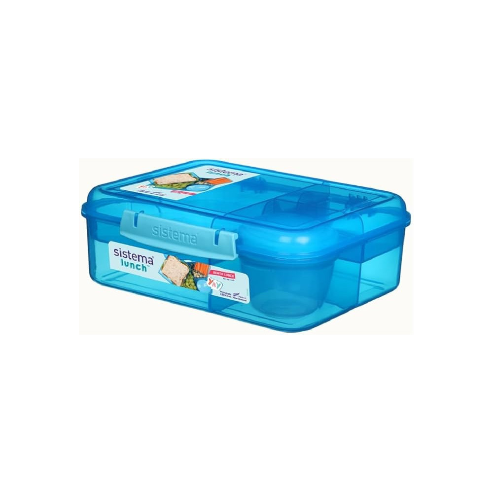 Sistema 1.65L Airtight Bento Stackable Lunch Box With Multiple Compartments And Pot, Microwave And Dishwasher Safe, Blue