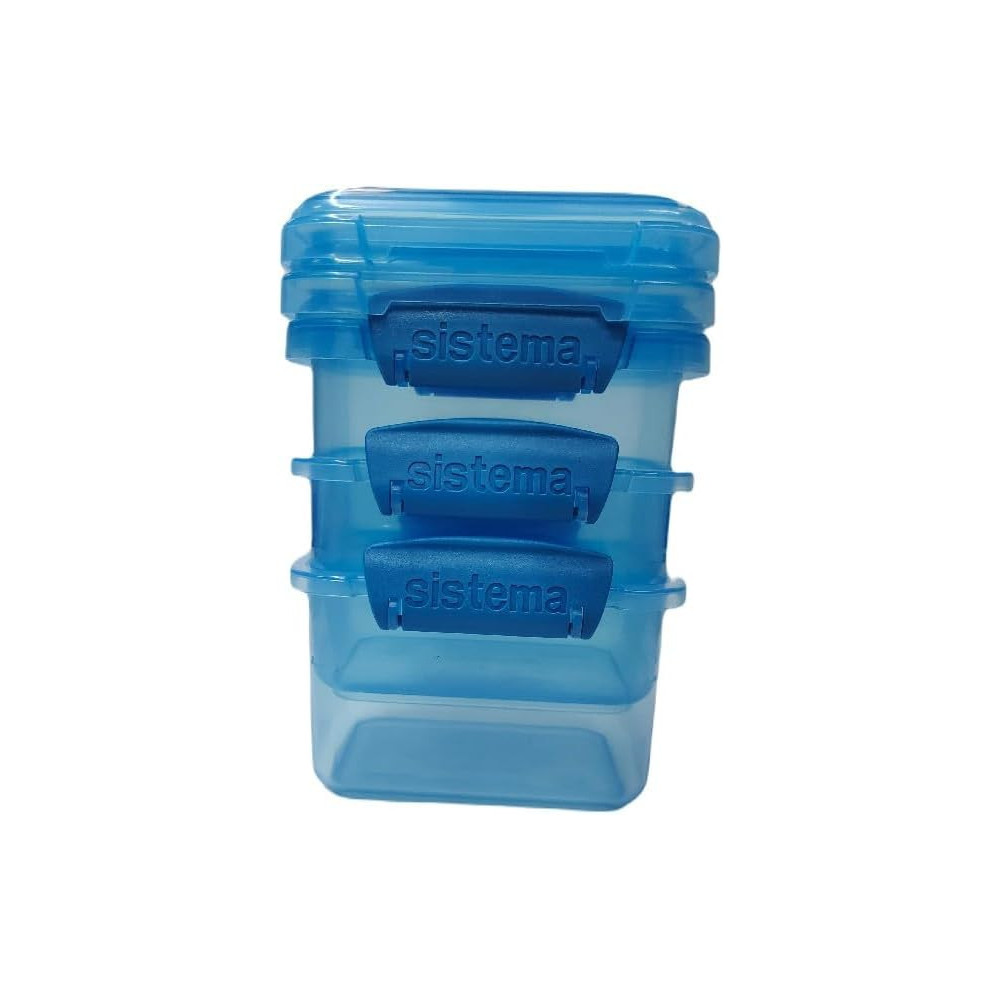 Sistema 400ml BPA Free Rectangular Lunch Box With Clip Closure Pack Of 3, Blue