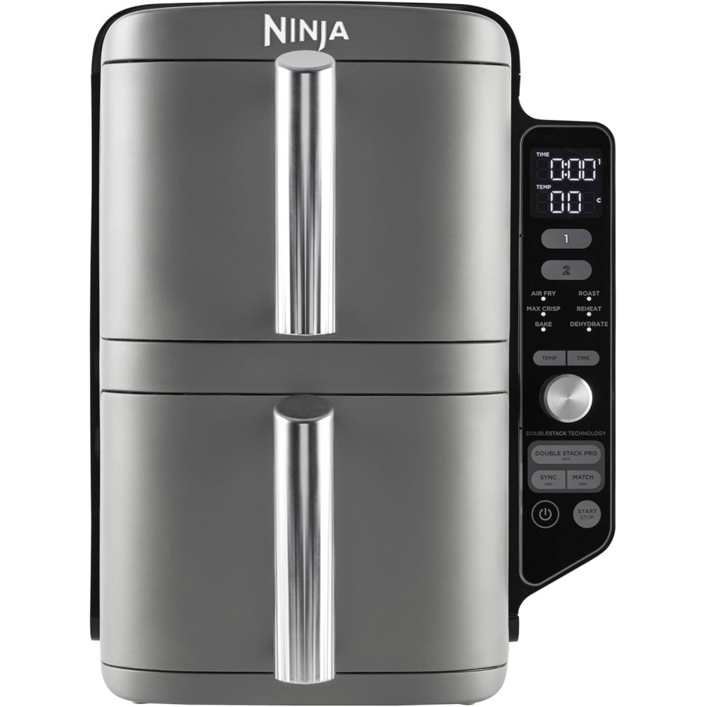 Ninja Double Stack XL Air Fryer, Vertical Deep Fryer with Double Drawers and 4 Preparation Levels, 2 Drawers, 2 Racks, Space Saving Design, 9.5 Liter Content, 6 Functions, 8 Servings, Pliers