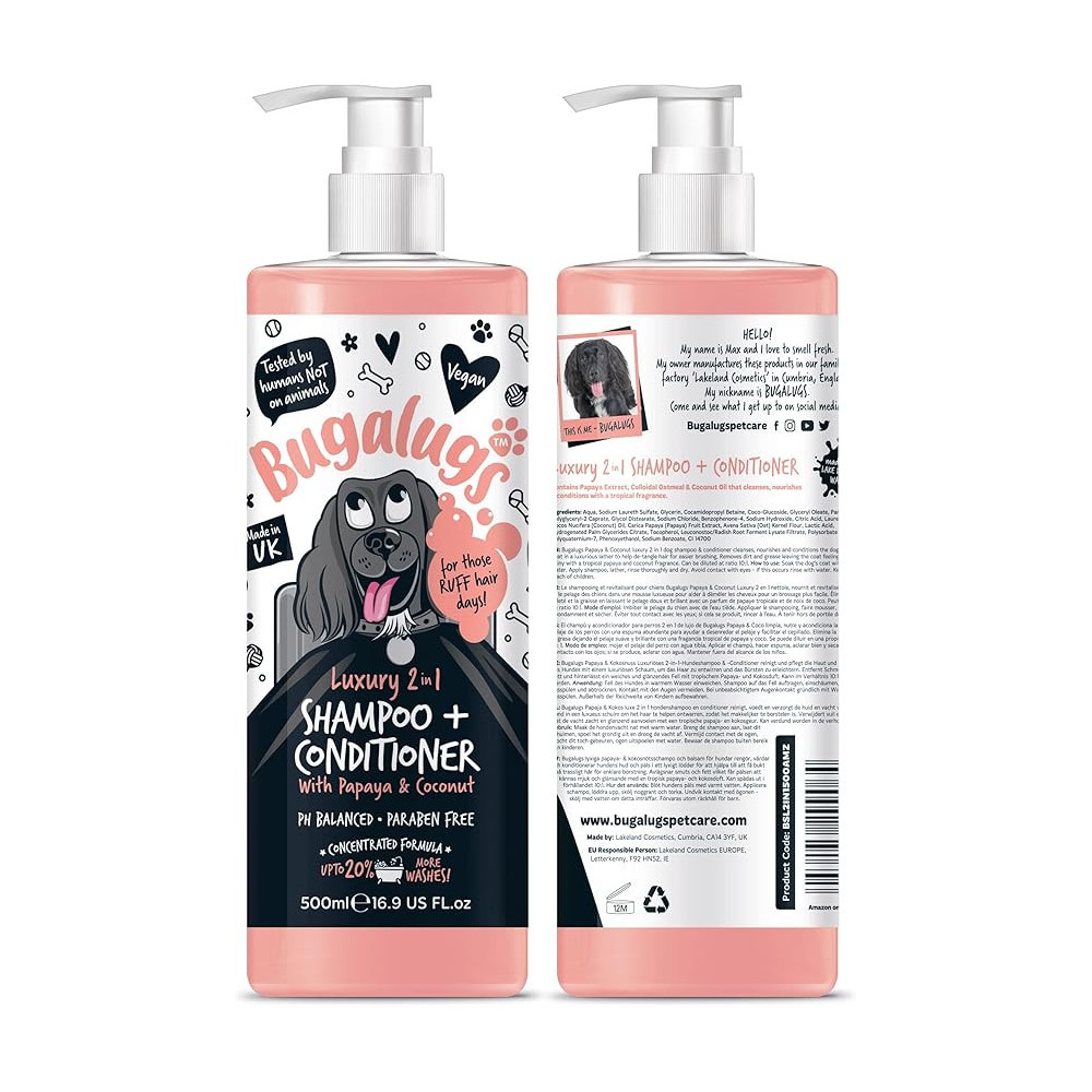 Bugalugs Luxury 2 in 1 Papaya And Coconut Dog Shampoo And Conditioner, 500ml