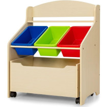 Cost Way Kids Wooden Toy Storage Unit Organizer With Rolling Toy Box And Plastic Bins
