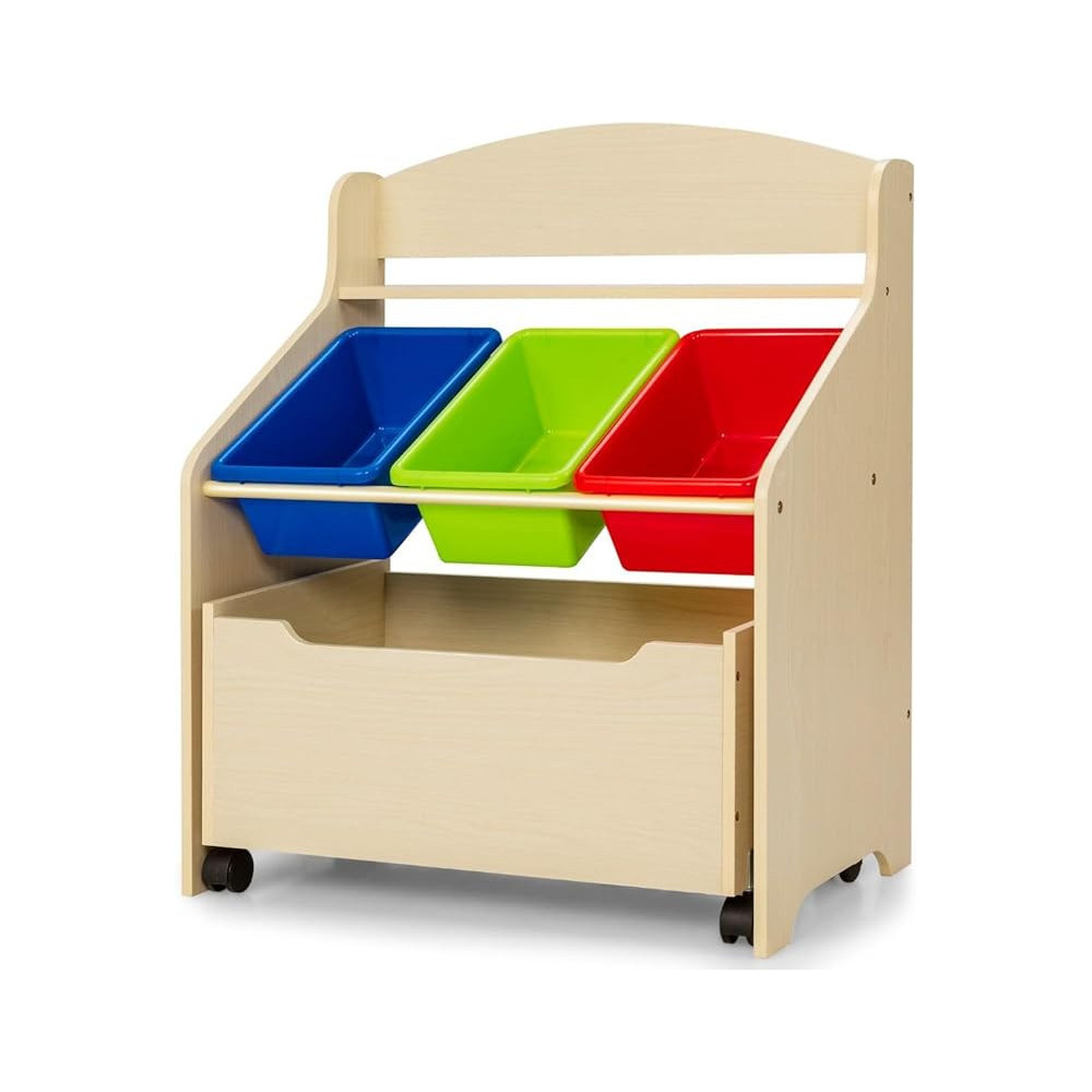 Cost Way Kids Wooden Toy Storage Unit Organizer With Rolling Toy Box And Plastic Bins