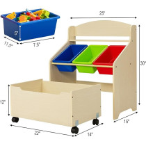 Cost Way Kids Wooden Toy Storage Unit Organizer With Rolling Toy Box And Plastic Bins