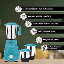 Kenstar Mixer Grinder With Powerplus Hybrid Motor And 3 Multi Function Stainless Steel Jars 500W, Cyan Colour