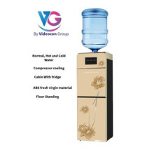 VG Top Loading Glass Door Water Dispenser With Hot, Cold And Normal Water And Compressor Cooling, Cabinet With Refrigerator, Floor Standing (Gold)