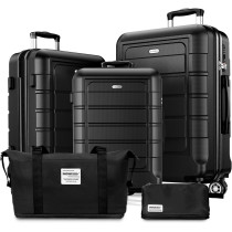 SHOWKOO Luggage Sets 5 Piece Hardshell PC+ABS Expandable Lightweight Durable Travel Luggage with Travel Duffels Bag + Toiletry Bag - Black
