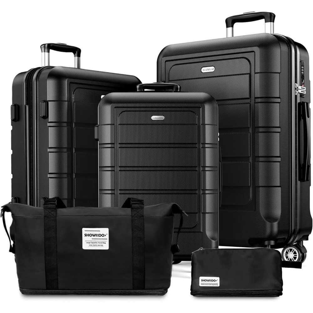 SHOWKOO Luggage Sets 5 Piece Hardshell PC+ABS Expandable Lightweight Durable Travel Luggage with Travel Duffels Bag + Toiletry Bag - Black