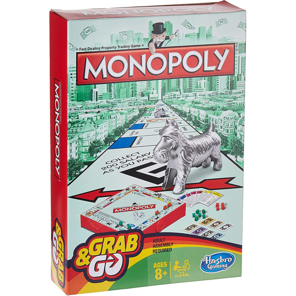 Monopoly Grab and Go Game for Kids Ages 8 and Up, Portable Game for 2-4 Players, Travel Game for Kids