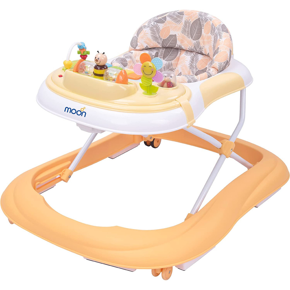 MOON Chase Walker. 6 months to 18 months. Removable Music Box. Well Padded Seat. Strong Metal Frame. High Quality Plastic body. Removable Music tray. Wider Base Design. Height Adjustment. Peach