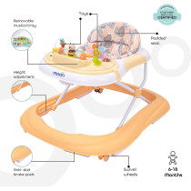 MOON Chase Walker. 6 months to 18 months. Removable Music Box. Well Padded Seat. Strong Metal Frame. High Quality Plastic body. Removable Music tray. Wider Base Design. Height Adjustment. Peach