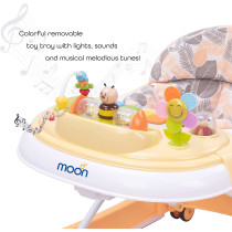 MOON Chase Walker. 6 months to 18 months. Removable Music Box. Well Padded Seat. Strong Metal Frame. High Quality Plastic body. Removable Music tray. Wider Base Design. Height Adjustment. Peach