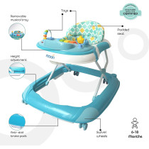 Moon Muv Height Adjustable Baby/Child Walker With Music And Toys Play Tray-(From 6 Months To 18 Months)- Blue Dino