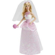 Barbie Bride Doll in White and Pink Dress with Veil and Bouquet CFF37