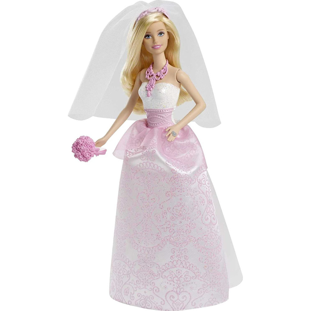 Barbie Bride Doll in White and Pink Dress with Veil and Bouquet CFF37