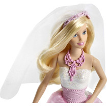 Barbie Bride Doll in White and Pink Dress with Veil and Bouquet CFF37