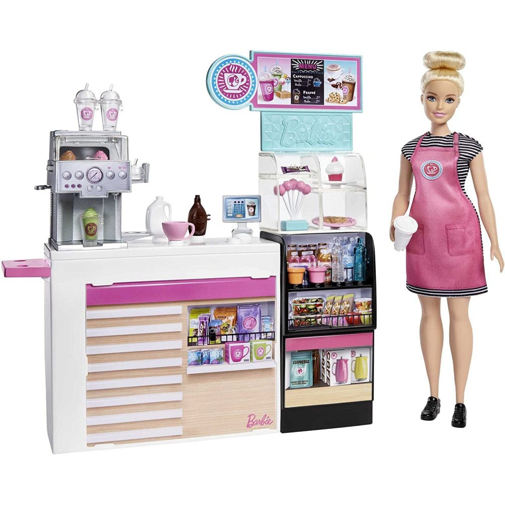 Barbie Coffee Shop with 12-in/30.40-cm Blonde Curvy Doll and 20+ Realistic Play Pieces, For Ages 3 Years Old & Up GMW03