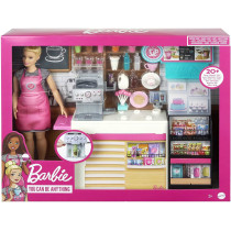 Barbie Coffee Shop with 12-in/30.40-cm Blonde Curvy Doll and 20+ Realistic Play Pieces, For Ages 3 Years Old & Up GMW03