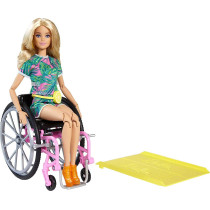 Barbie Fashionistas Doll 165, with Wheelchair & Long Blonde Hair Wearing Tropical Romper, Orange Shoes & Lemon Fanny Pack, Toy for Kids 3 to 8 Years Old GRB93