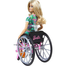 Barbie Fashionistas Doll 165, with Wheelchair & Long Blonde Hair Wearing Tropical Romper, Orange Shoes & Lemon Fanny Pack, Toy for Kids 3 to 8 Years Old GRB93