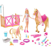 Barbie Groom 'n Care Horses Playset with Barbie Doll Blonde 11.5 in, 2 Horses & 20+ Grooming and Hairstyling Accessories, Gift for 3 to 7 Year Olds GXV77, Multi colour
